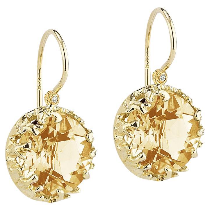 Handcrafted 14k Yellow Gold Drop Citrine Color Stone Earrings For Sale