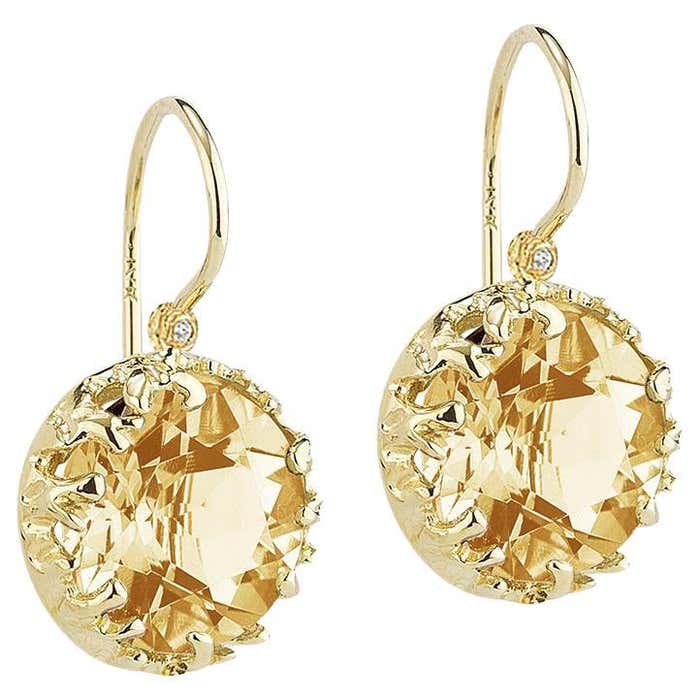 Handcrafted 14k Yellow Gold Drop Citrine Color Stone Earrings For Sale ...