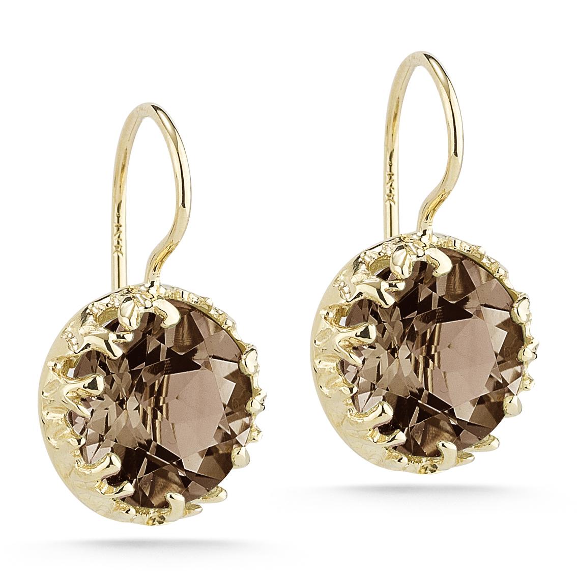14 Karat Yellow Gold Hand-Crafted Polish-Finished Drop Earrings, Centered with a 10mm 7.0CT Round Checkerboard-Cut Semi-Precious Smokey Topaz Color Stone, Accented with 0.03 Carats of Bezel Set Diamonds on a Kidney Wire Back Finding
