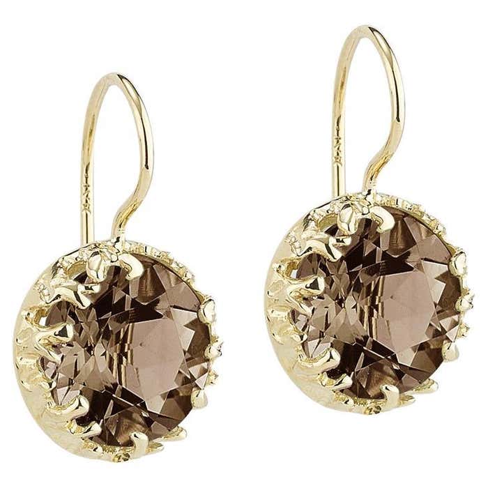 Handcrafted 14k Yellow Gold Drop Smokey Topaz Color Stone Earrings For ...