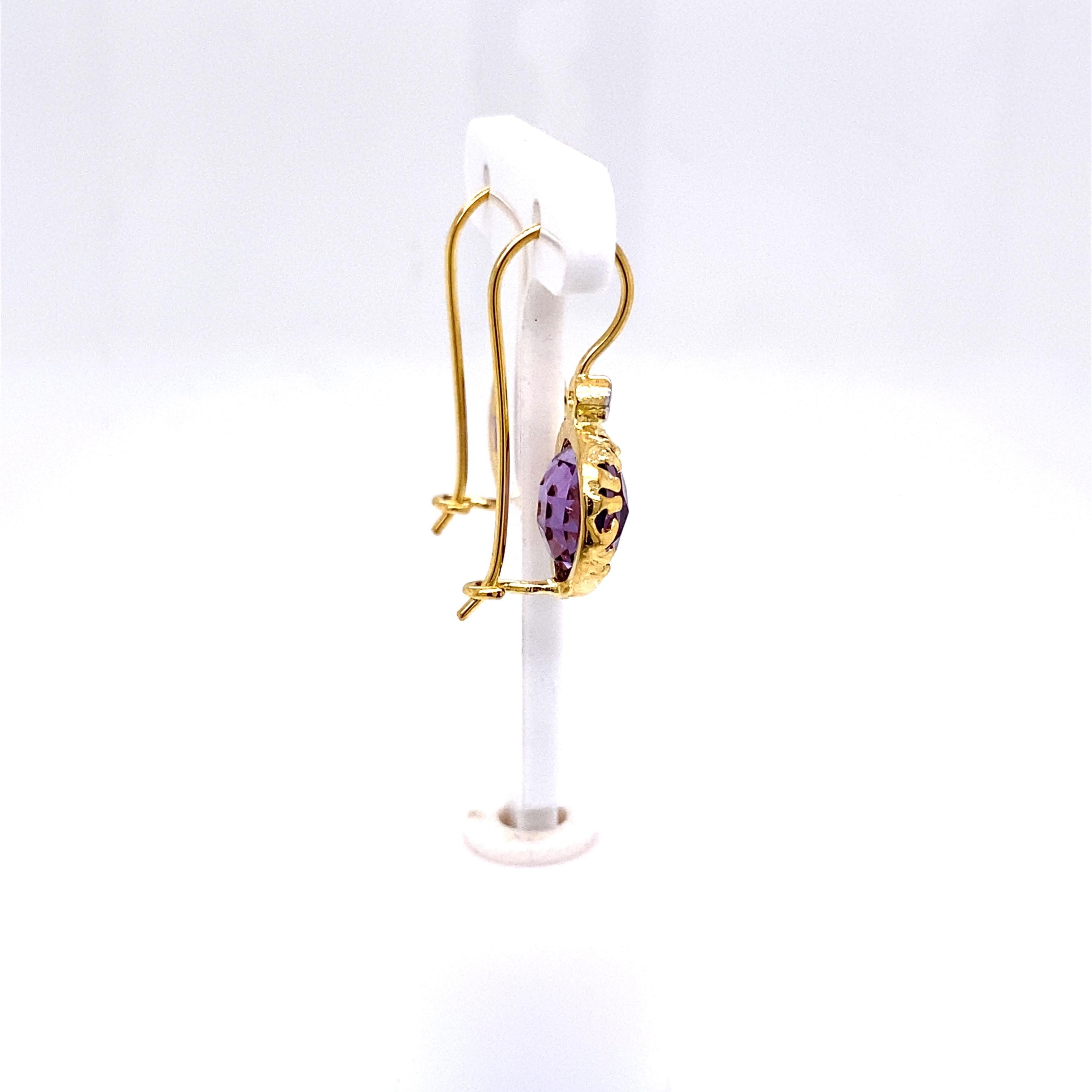 Round Cut Hand-Crafted 14K Yellow Gold Drop Amethyst Color Stone Earrings For Sale