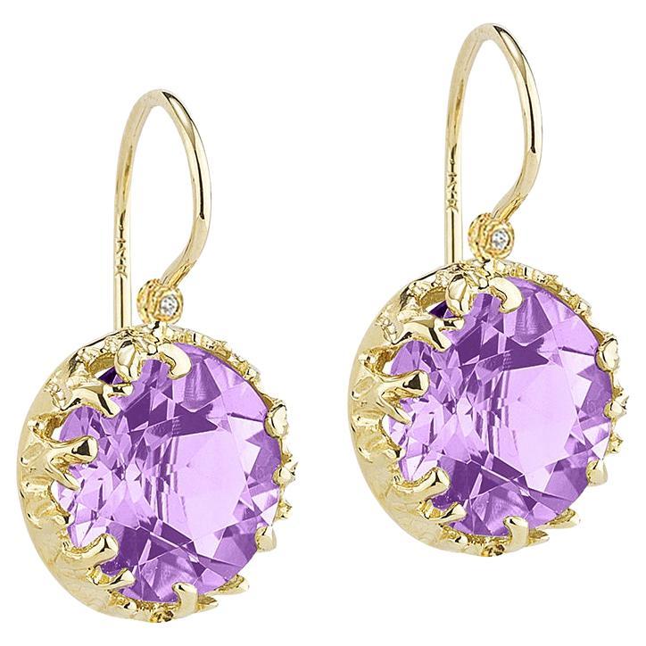 Hand-Crafted 14K Yellow Gold Drop Amethyst Color Stone Earrings For Sale