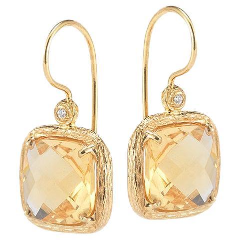Hand-Crafted 14K Yellow Gold Drop Citrine Color Stone Earrings For Sale