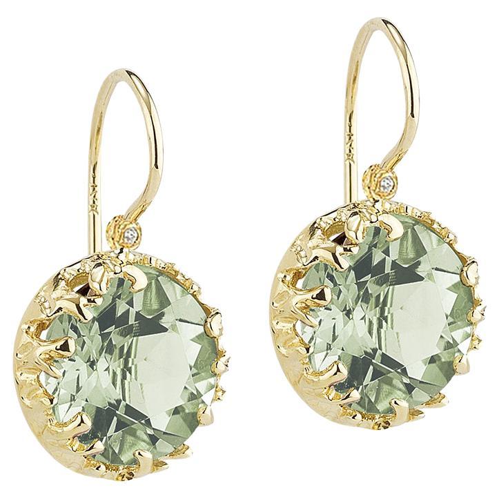 Hand-Crafted 14K Yellow Gold Drop Green Amethyst Color Stone Earrings For Sale