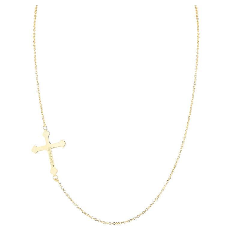Hand-Crafted 14K Yellow Gold East-to-West Off-Center Cross Necklace For Sale