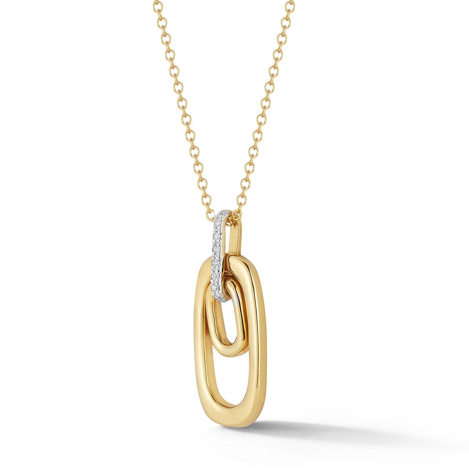 14 Karat Yellow Gold Hand-Crafted High-Polish Finished Small and Large Ellipse Pendant, Accented with 0.08 Carats of Pave Set Diamonds, Sliding on a 16