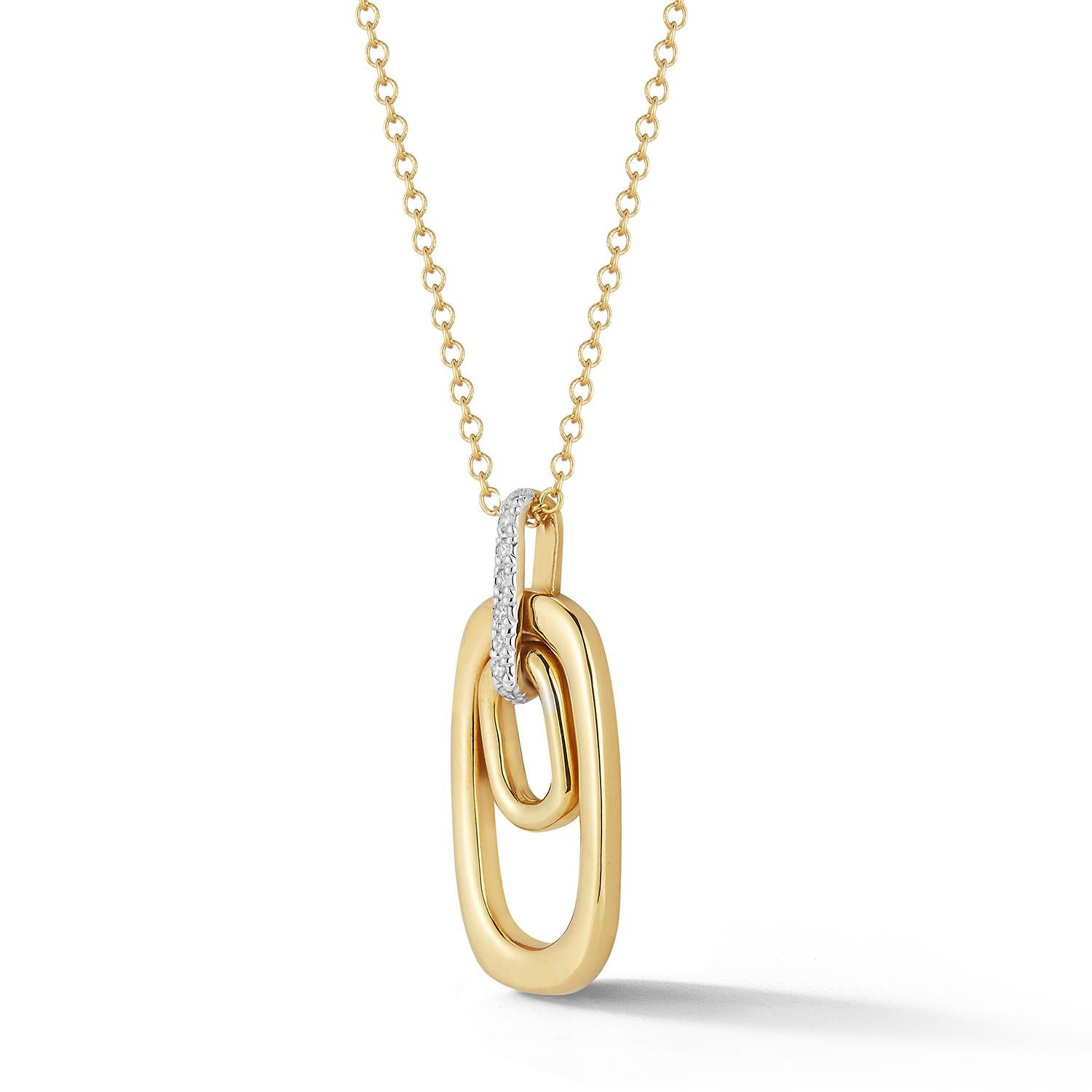 Pendentif Ellipse en or jaune 14 carats, de petite et grande taille, fabriqué à la main, à finition polie, accentué de 0,08 carat de diamants sertis en pavé, qui pend sur une chaîne rolo de 40,64 cm sertie d'un fermoir à griffes de homard.
