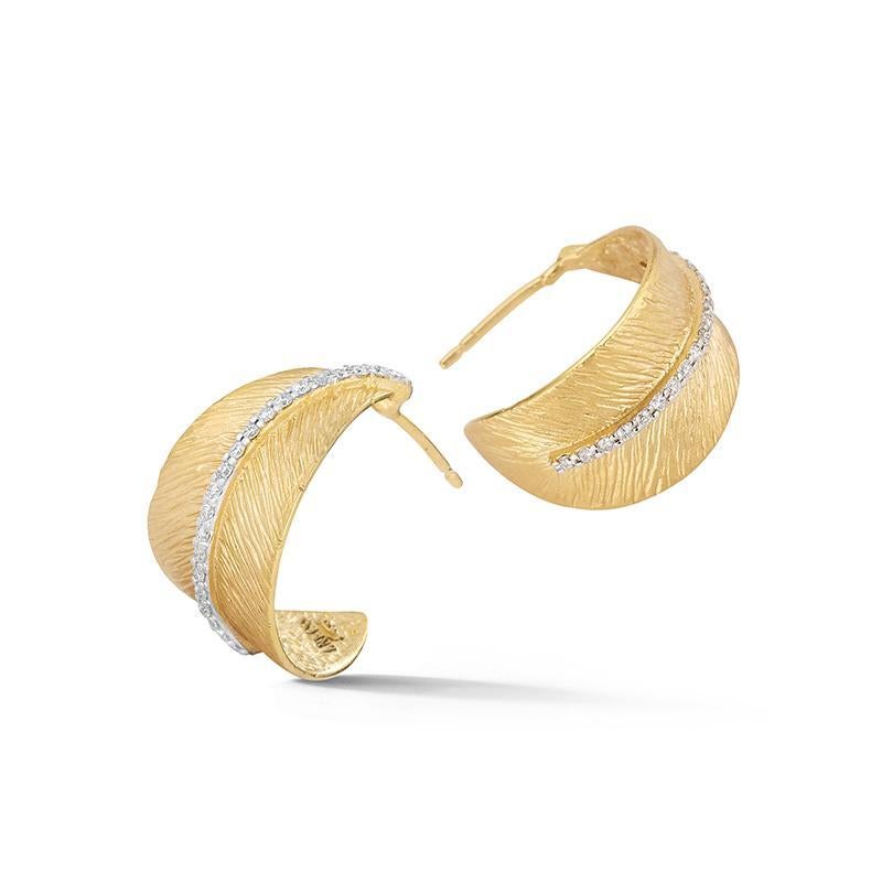 14 Karat Yellow Gold Hand-Crafted Matte and Texture-Finished Feather Huggies Earrings, Enhanced with 0.26 Carats of Pave Set Diamonds.

