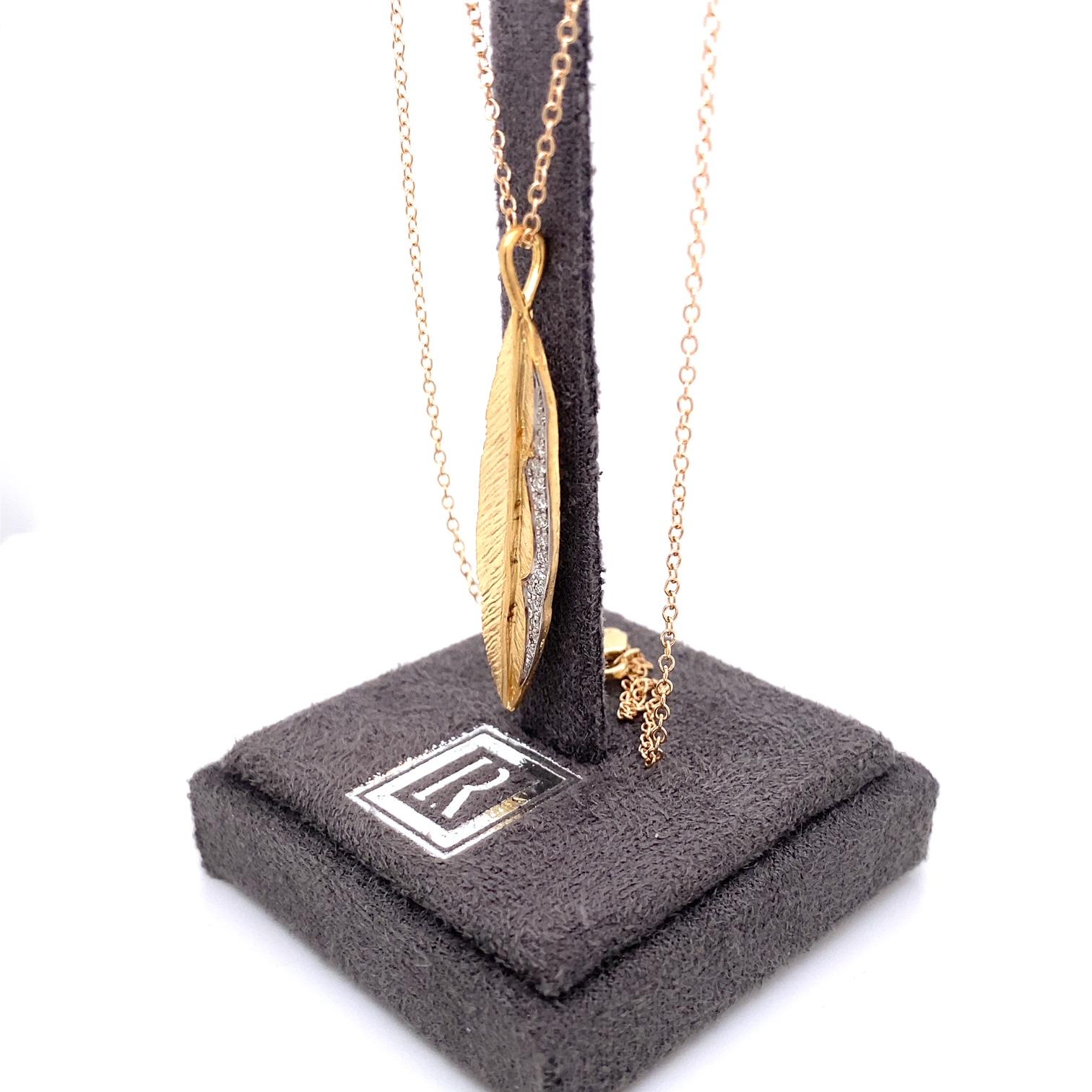 14 Karat Yellow Gold Hand-Crafted Matte and Textured-Finish Feather Pendant, Accented with 0.10 Carats of Pave Set Diamonds, Sliding on a 16