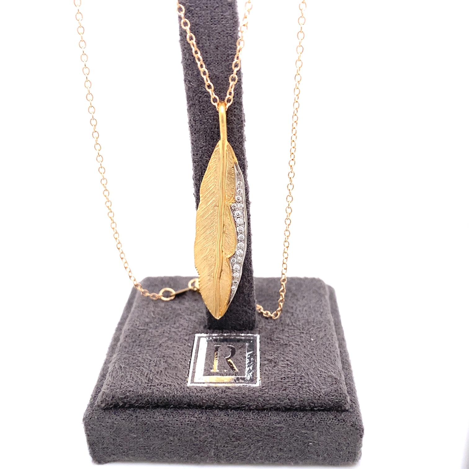 Round Cut Hand-Crafted 14K Yellow Gold Feather Pendant For Sale