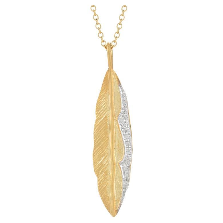 Hand-Crafted 14K Yellow Gold Feather Pendant For Sale