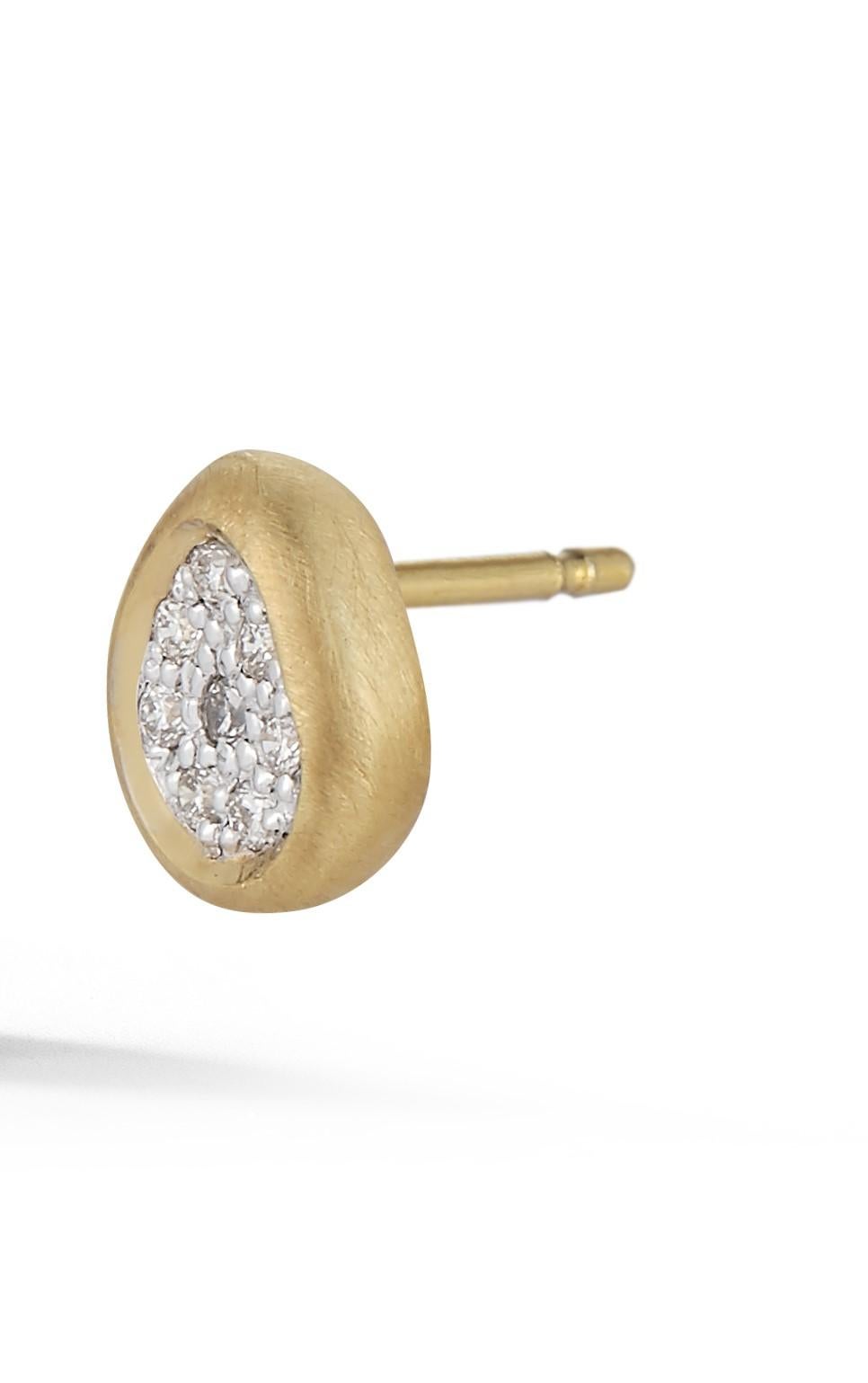 14 Karat Yellow Gold Hand-Crafted Matte-Finished Free-Form Stud Earrings, Enhanced with 0.17 Carats of Pave Set Diamonds.  
