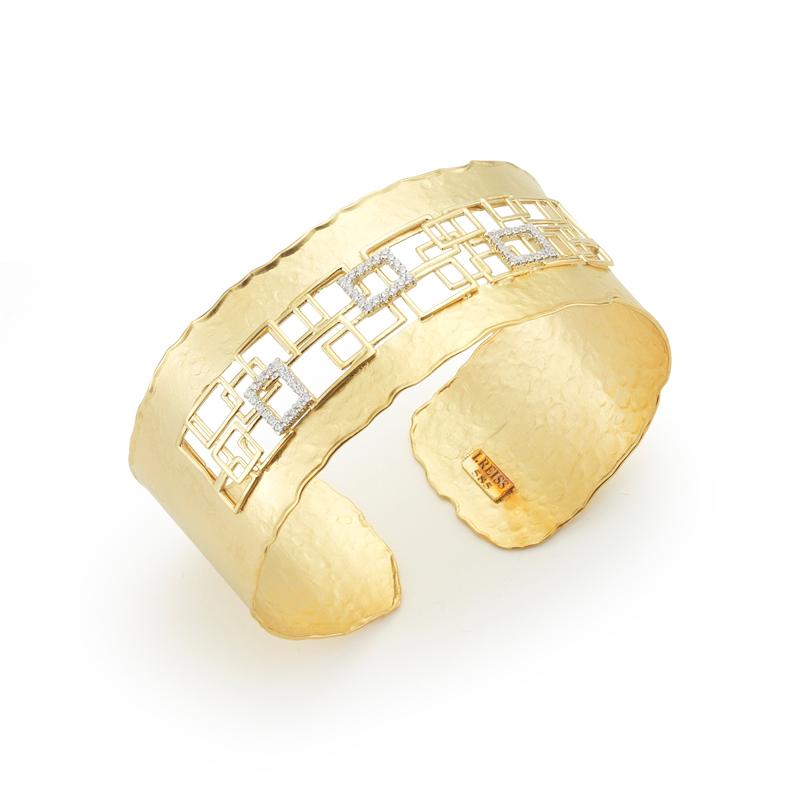 14 Karat Yellow Gold Hand-Crafted Matte and Hammer-Finished Geometric Cut-Out Cuff Bracelet, Accented with 0.33 Carats of Pave Set Diamonds.
