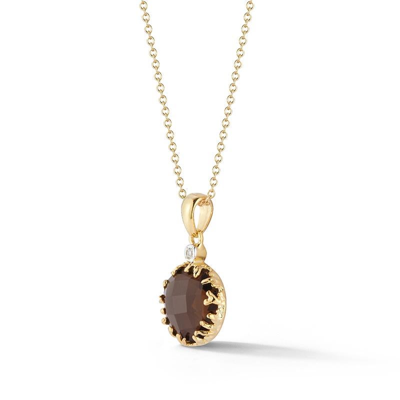 14 Karat Yellow Gold Polish-Finished Pendant, Centered with a 10mm Round Checkerboard-Cut 3.5CT Smokey Topaz Semi-Precious Color Stone, Accented with 0.015 Carats of Bezel Set Diamond, and Sliding on a 16