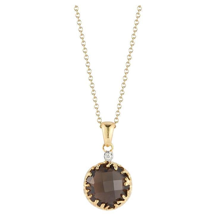Handcrafted 14k Yellow Gold Gold 3.5ct Smokey Topaz Color and Diamond Pendant For Sale