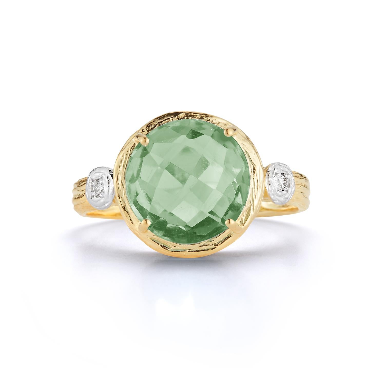 For Sale:  Hand-Crafted 14K Yellow Gold Green Amethyst Color Stone Cocktail Ring 2