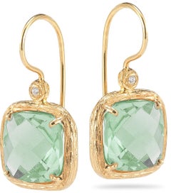Hand-Crafted 14K Yellow Gold Green Amethyst Color Stone Earrings