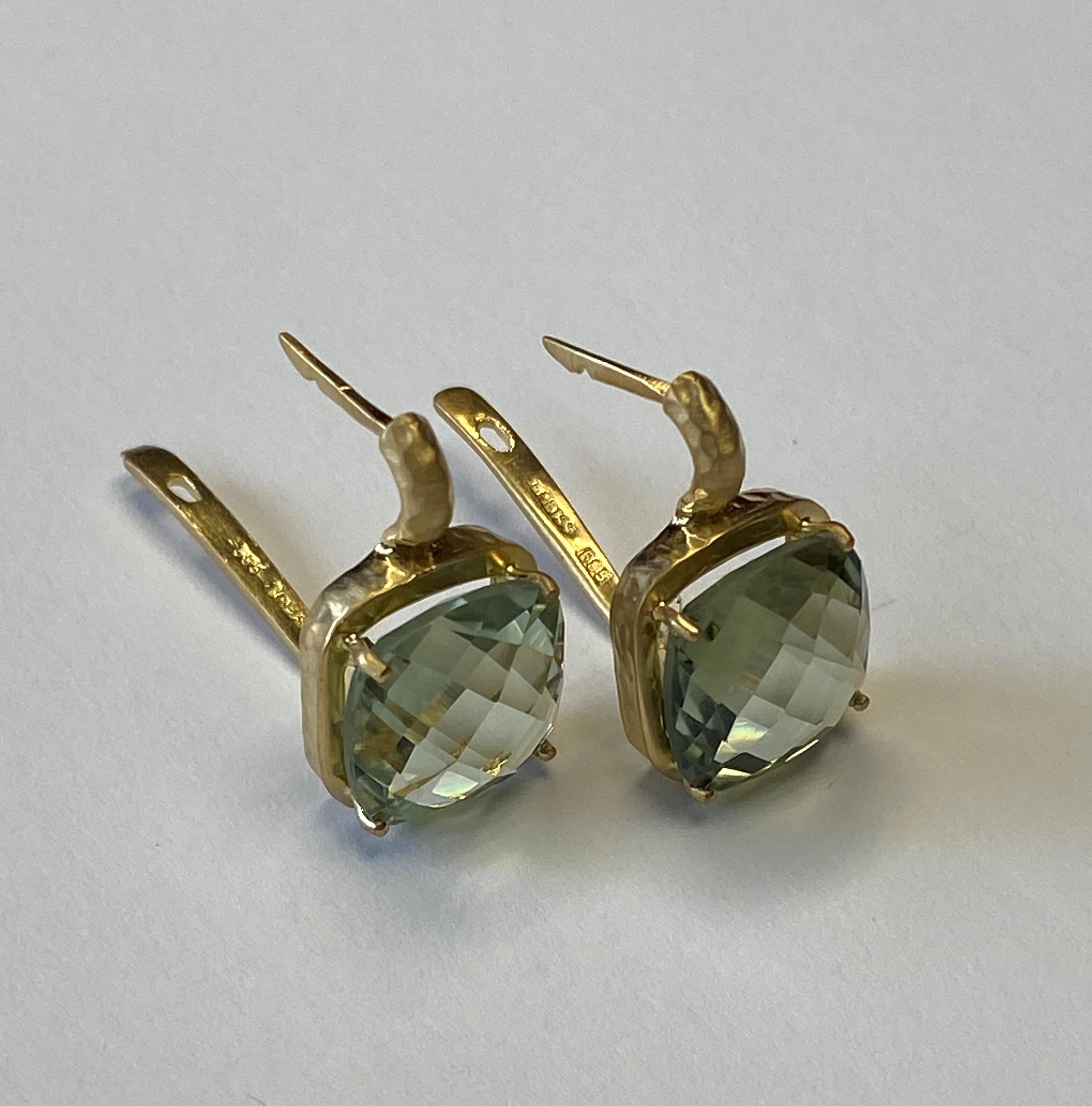 Handcrafted 14k Yellow Gold Green Amethyst Color Stone Earrings In New Condition For Sale In Great Neck, NY