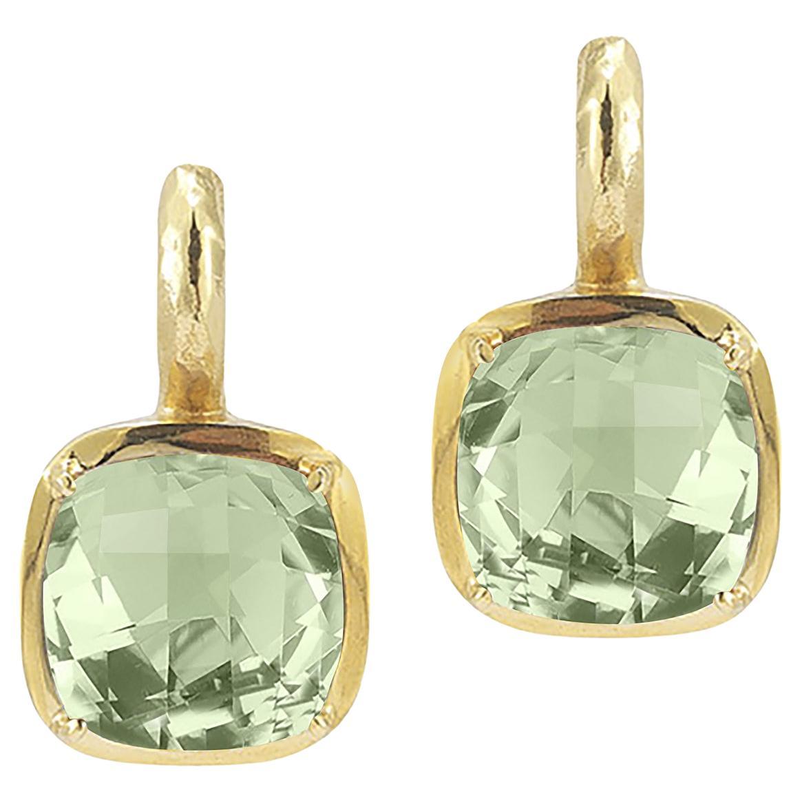 Handcrafted 14k Yellow Gold Green Amethyst Color Stone Earrings For Sale