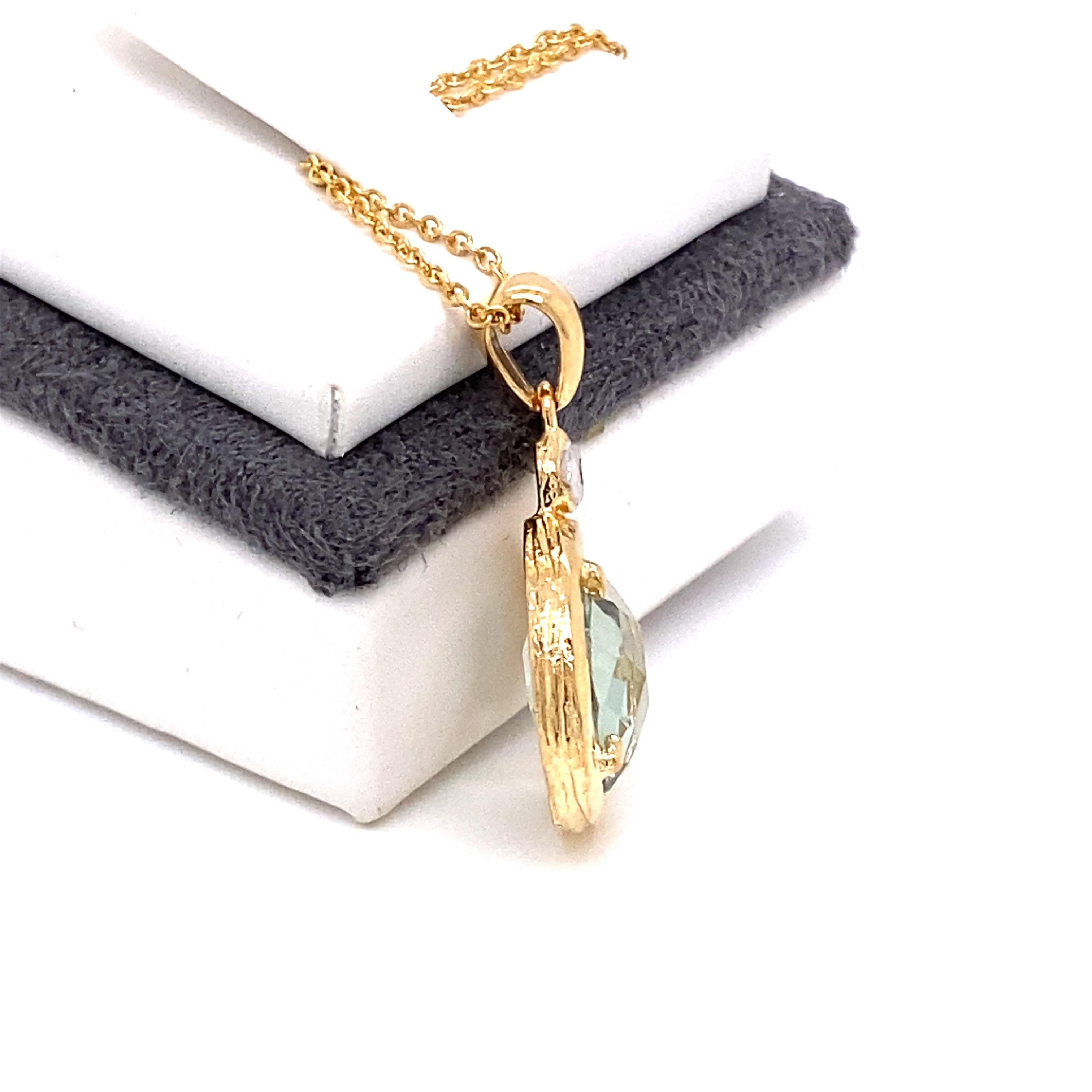 14 Karat Yellow Gold Hand-Crafted High-Polish and Texture-Finished 10mm Round Checkerboard Green Amethyst Semi-Precious Color Stone Pendant, Accented with 0.015 Carat of a Bezel Set Diamond, and Sliding on a 16