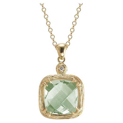 Hand-Crafted 14K Yellow Gold Green Amethyst Color Stone Pendant For Sale