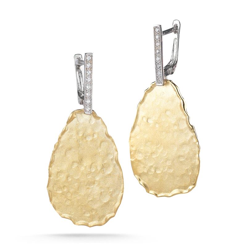 14 Karat Yellow Gold Hand-Crafted Matte and Hammer-Finished Pear-Shaped Drop Earrings, Accented with 0.12 Carats of Pave Set Lever Back Findings.
