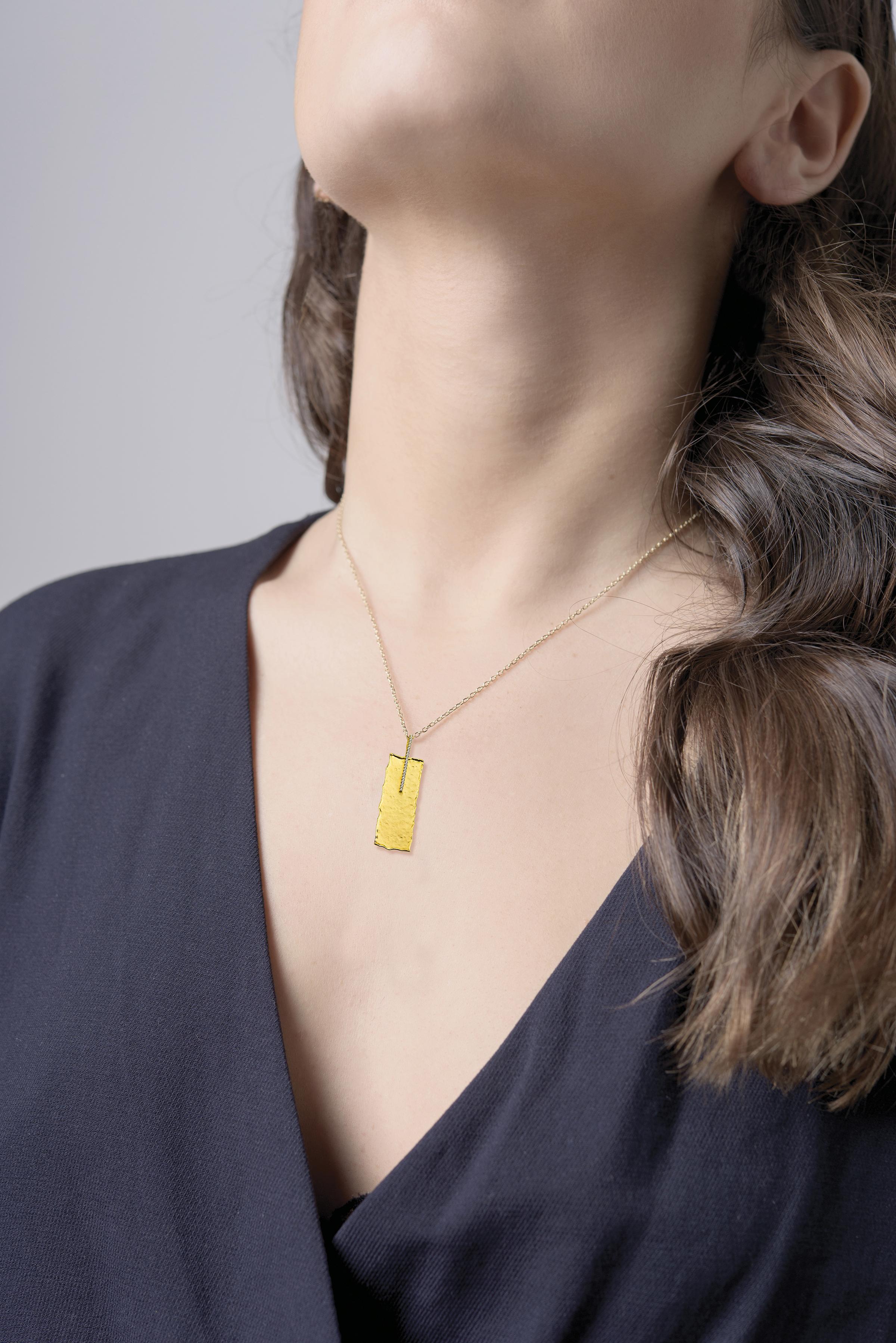 14 Karat Yellow Gold Hand-Crafted Matte and Hammer-Finished Scallop-Edged Rectangle Pendant, Accented with 0.11 Carats of a Pave Set Diamond Bar, Sliding on a 16