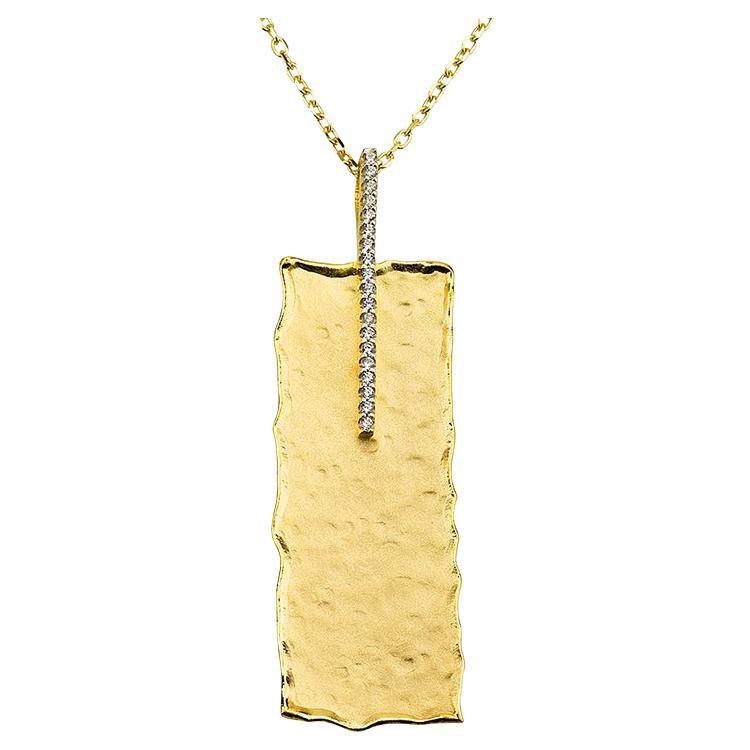 Hand-Crafted 14K Yellow Gold Hammered Rectangle Pendant For Sale