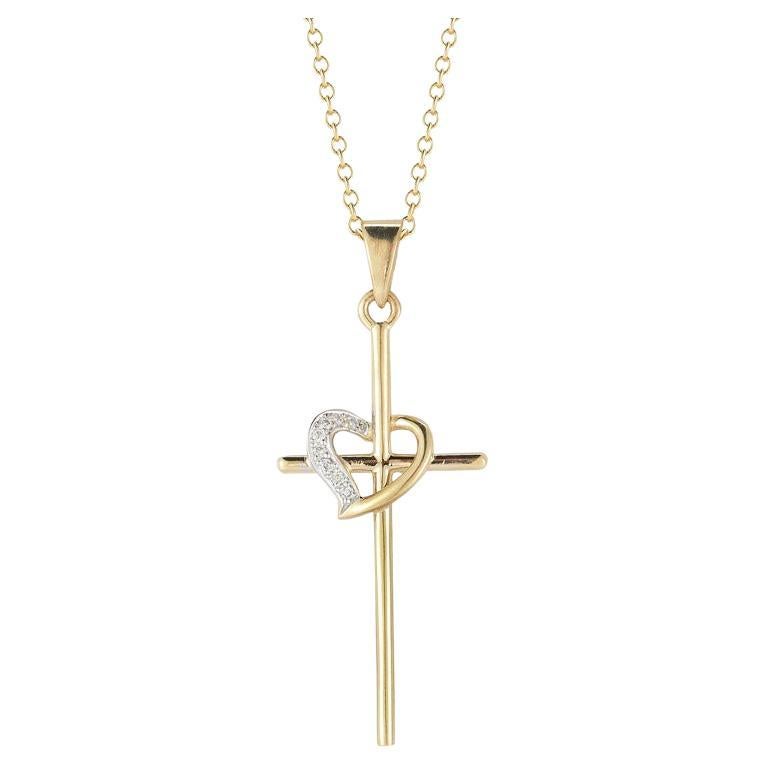 Hand-Crafted 14K Yellow Gold Heart Over Cross Pendant For Sale