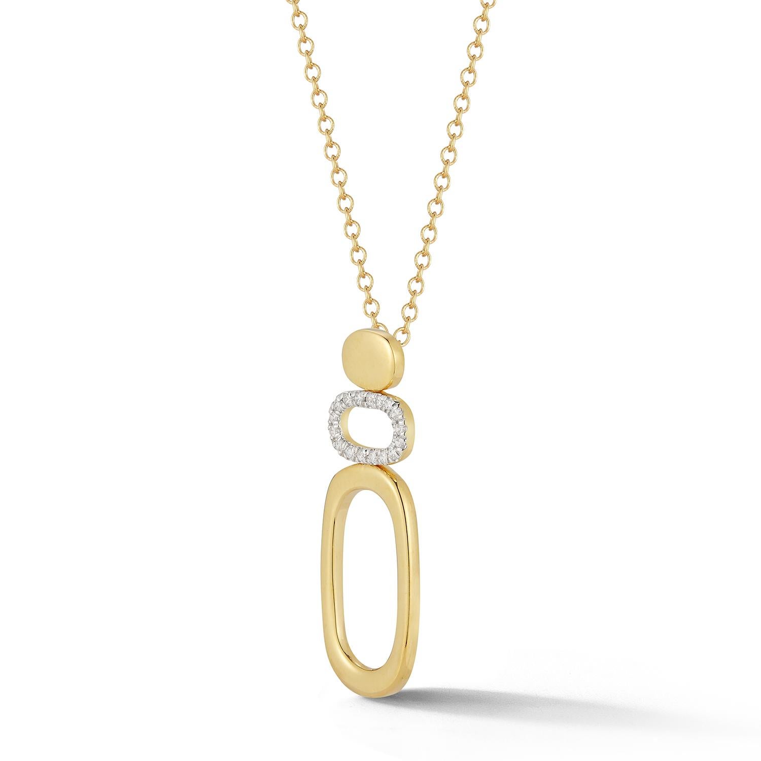 14 Karat Yellow Gold Hand-Crafted High Polish-Finished Geometric Pendant, Accented with 0.17 Carats of a Pave Set Open Diamond Ellipse, Sliding on a 16