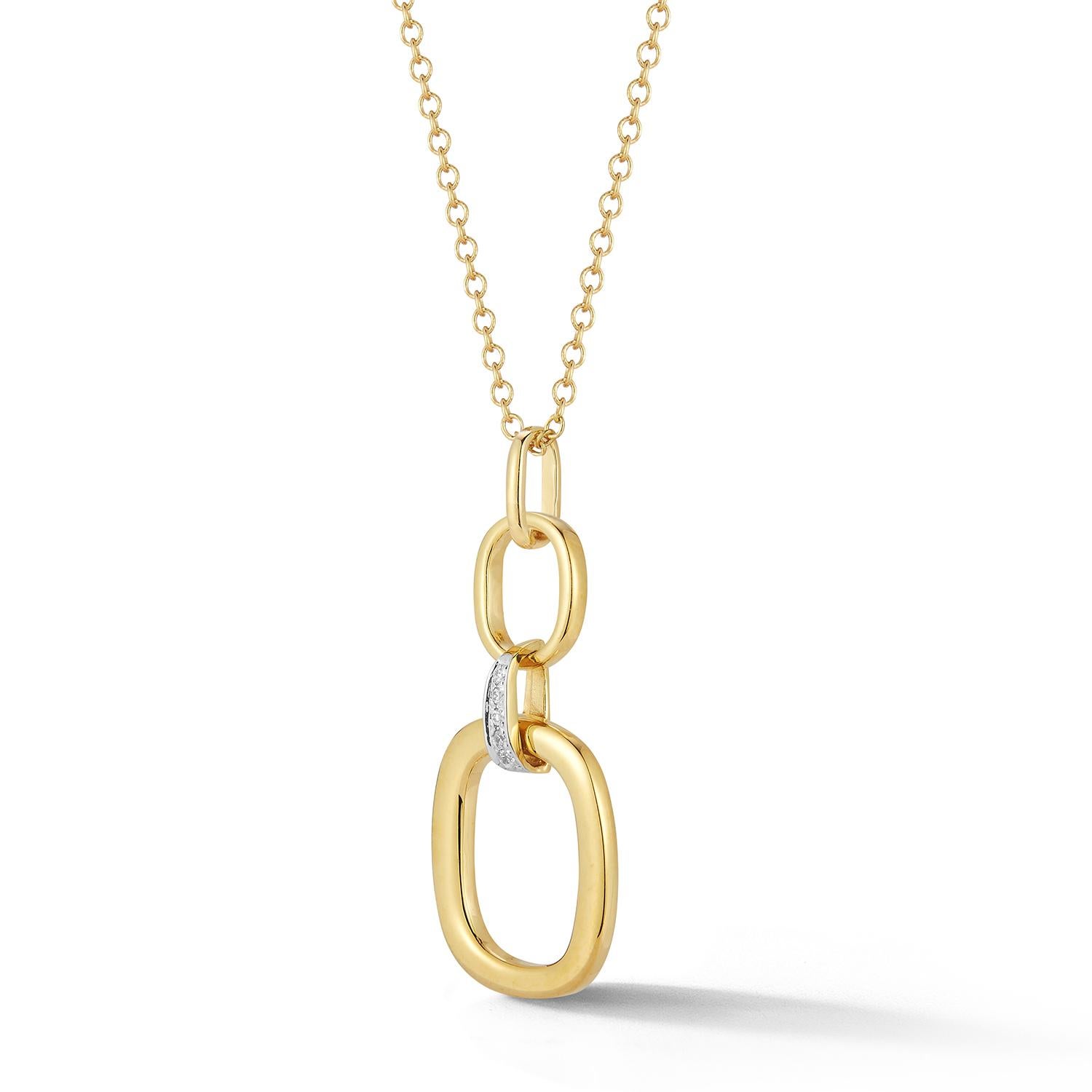 14 Karat Yellow Gold Hand-Crafted High Polish-Finished Graduating Open-Form Drop Pendant, Accented with 0.05 Carats of a Pave Set Diamond Connecting Bar, Sliding on a 16