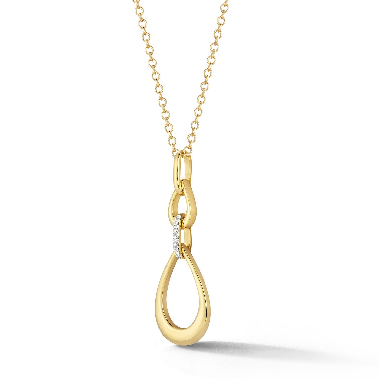 14 Karat Yellow Gold Hand-Crafted High Polish-Finished Graduating Tear Drop Pendant, Accented with 0.07 Carats of a Pave Set Diamond Connecting Bar, Sliding on a 16
