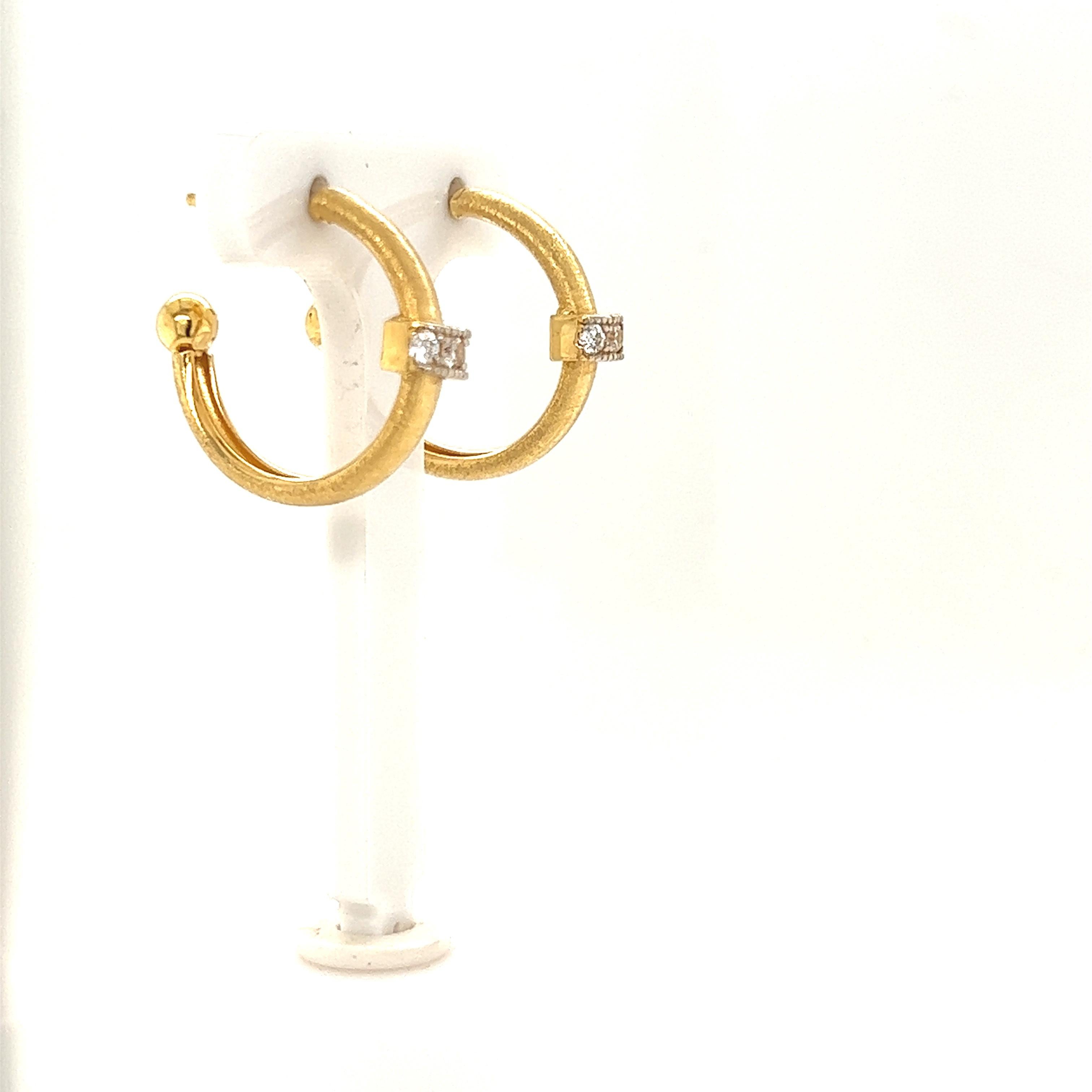 14 Karat Yellow Gold Matte-Finished Hoop Earrings, Accented with 0.10 Carats of Pave Set Diamonds.
