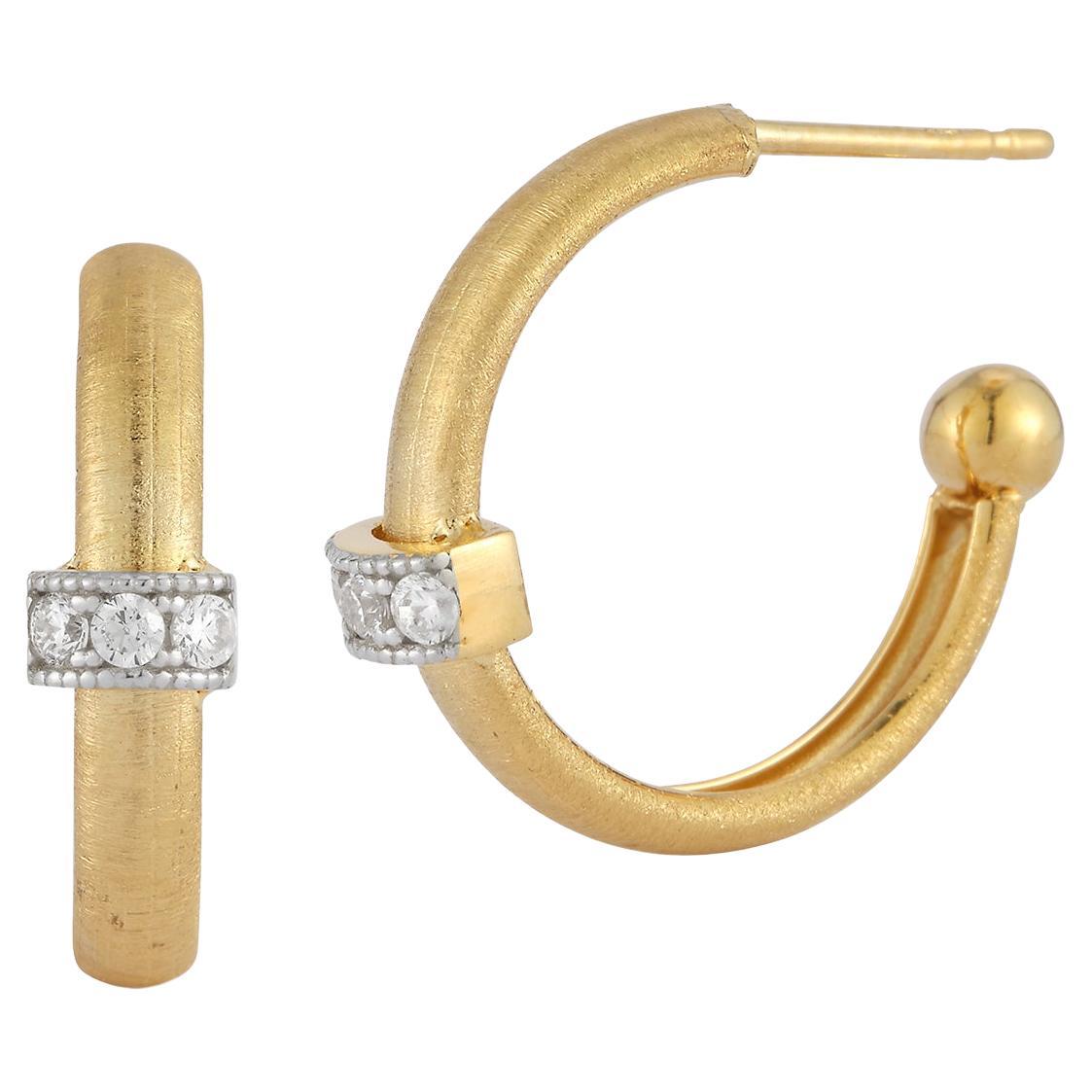 Hand-Crafted 14K Yellow Gold Hoop Earrings Accented with Diamonds For Sale