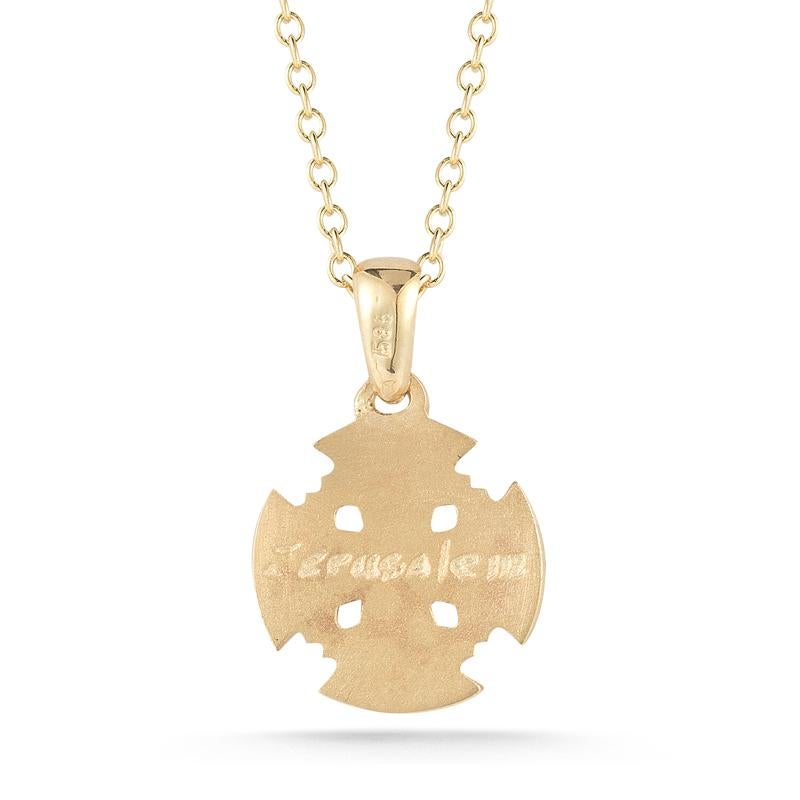 14 Karat Yellow Gold Hand-Crafted Polish-Finished 13mm Jerusalem Cross Pendant, Engraved with the text 