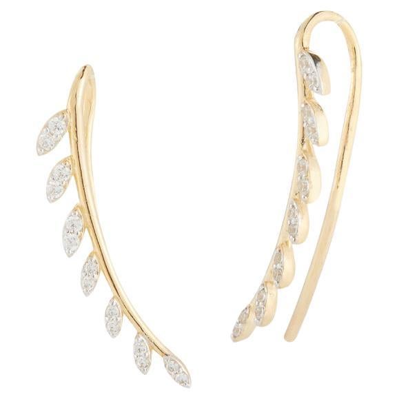 Hand-Crafted 14K Yellow Gold Leaf Climber Earrings For Sale