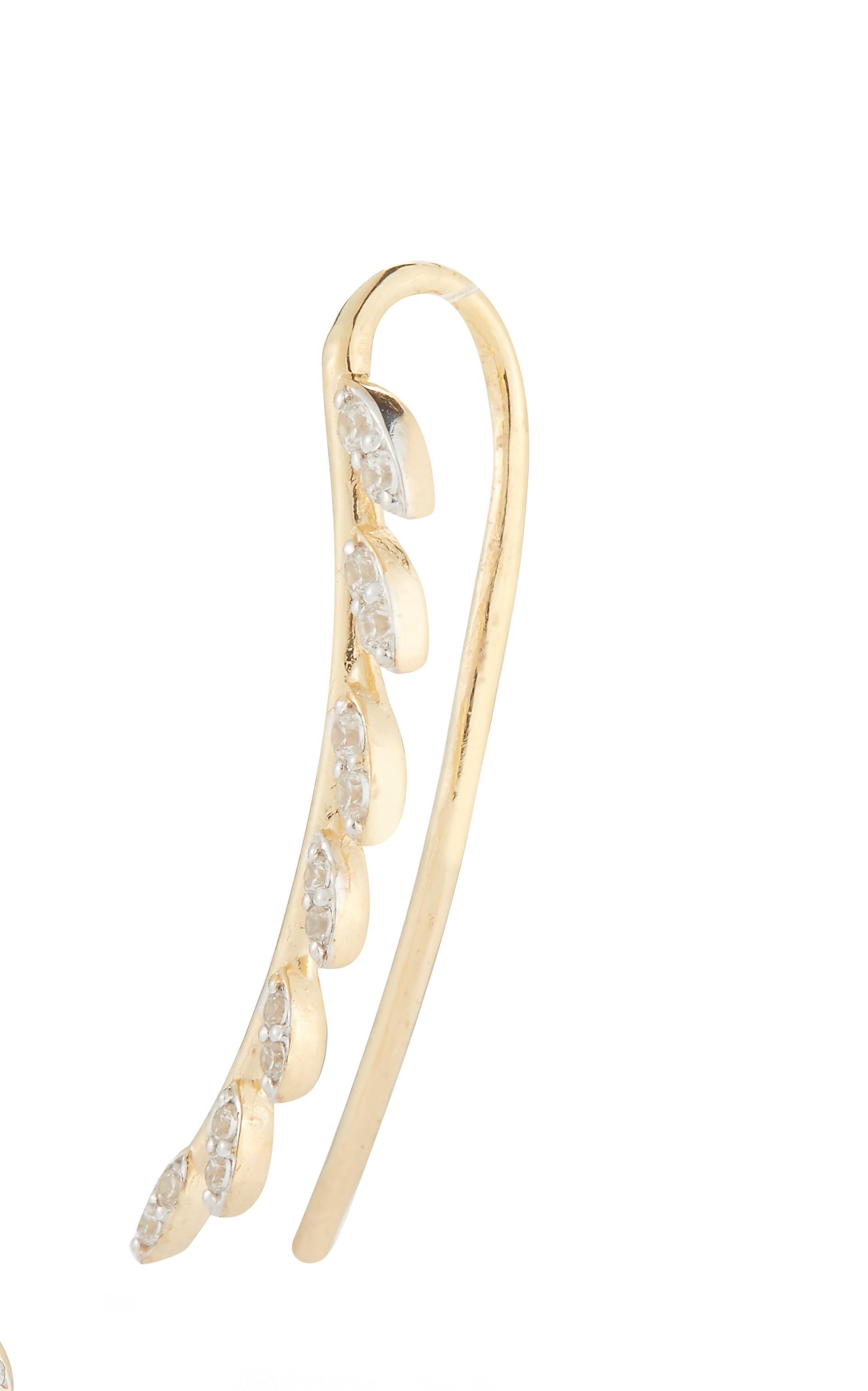 14 Karat Yellow Gold Hand-Crafted Polish-Finished Leaf Vine Climber Earrings, Enhanced with 0.15 Carats of Pave Set Diamond Leaves.

