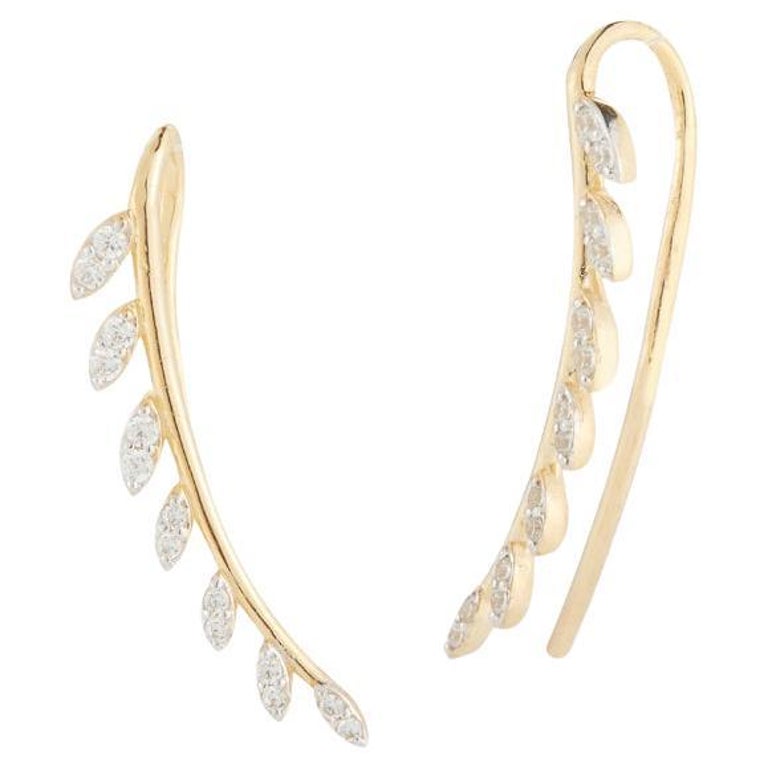 Leafy Branch Motif Climber Earrings in 14k Yellow Gold