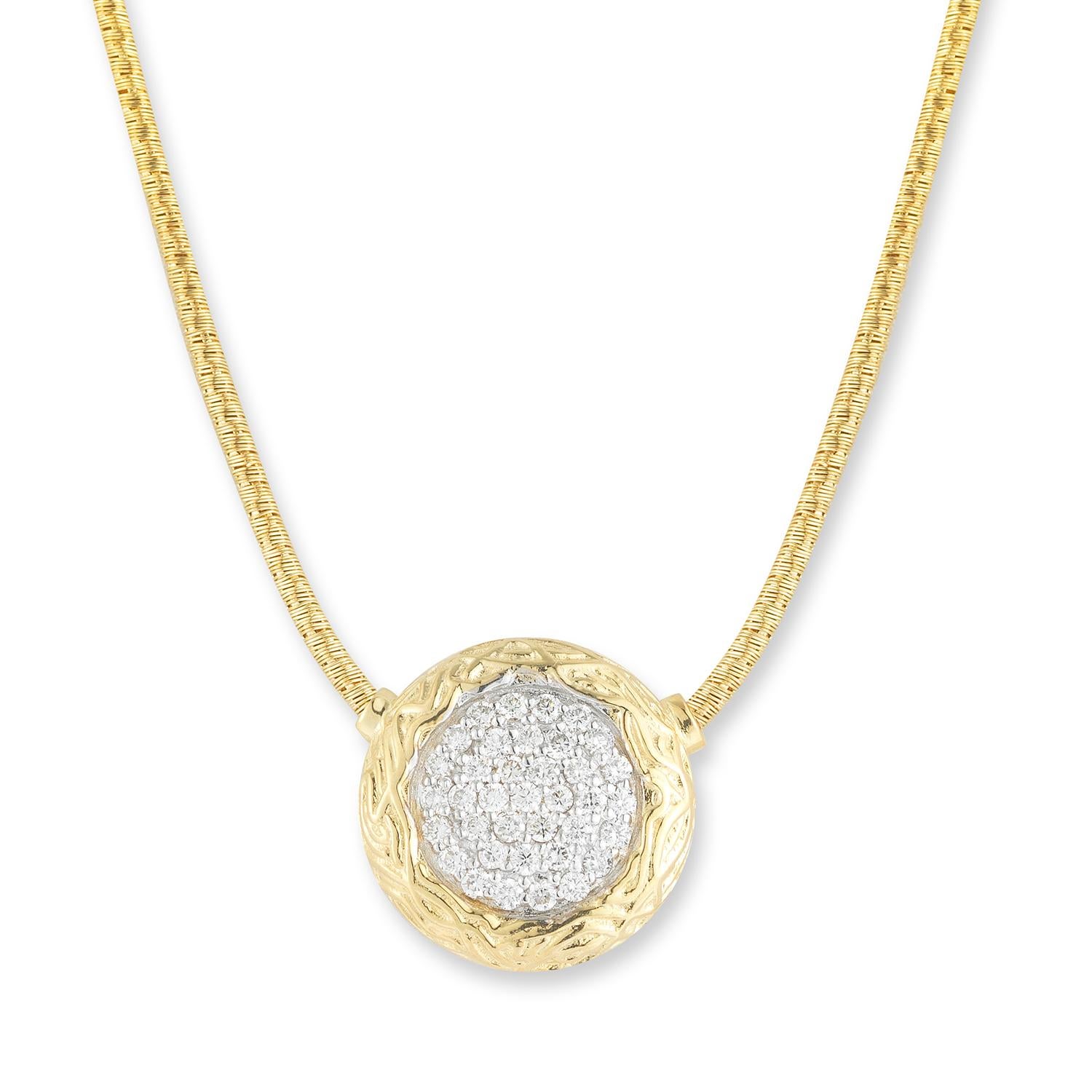 14 Karat Yellow Gold Hand-Crafted Polish and Texture-Finished Circle Motif Mesh Necklace, Enhanced with 0.37 Carats of a Pave Set Circle Diamond Center.
