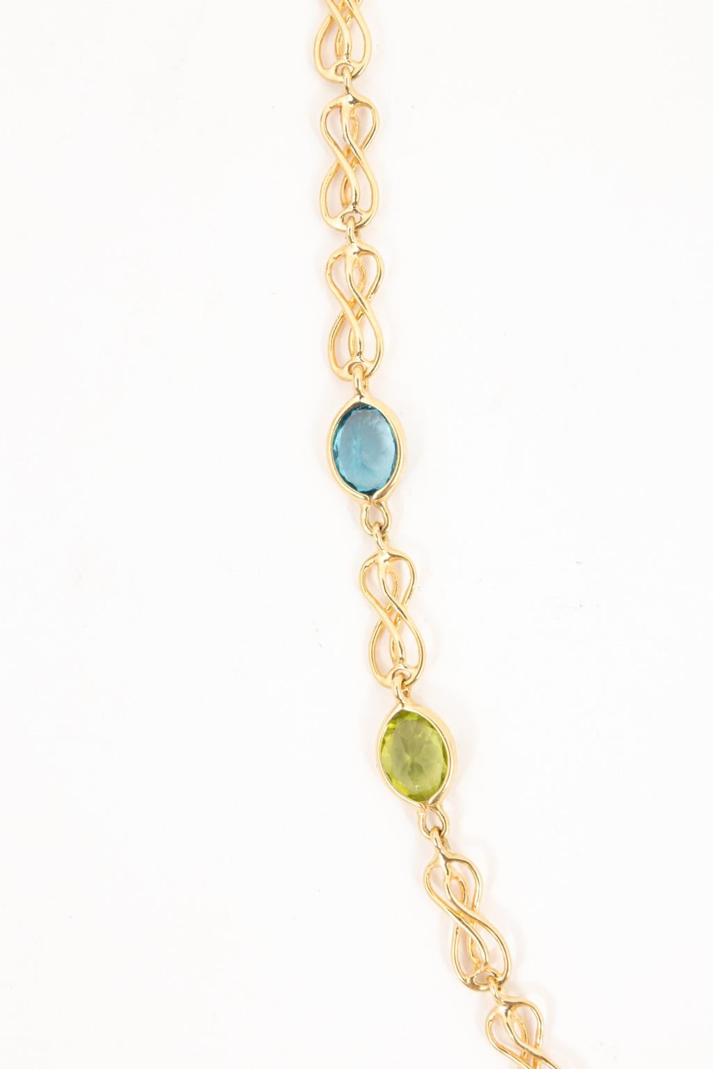 Handcrafted 14K Yellow Gold Multi-Gem Necklace Amethyst Peridot and Blue Topaz In Good Condition In St.amford, CT