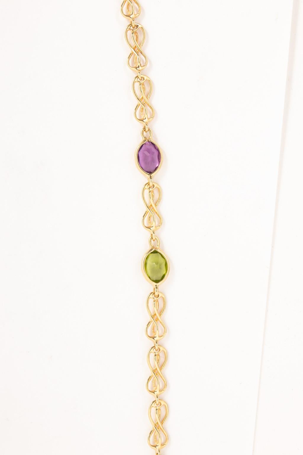 Women's Handcrafted 14K Yellow Gold Multi-Gem Necklace Amethyst Peridot and Blue Topaz