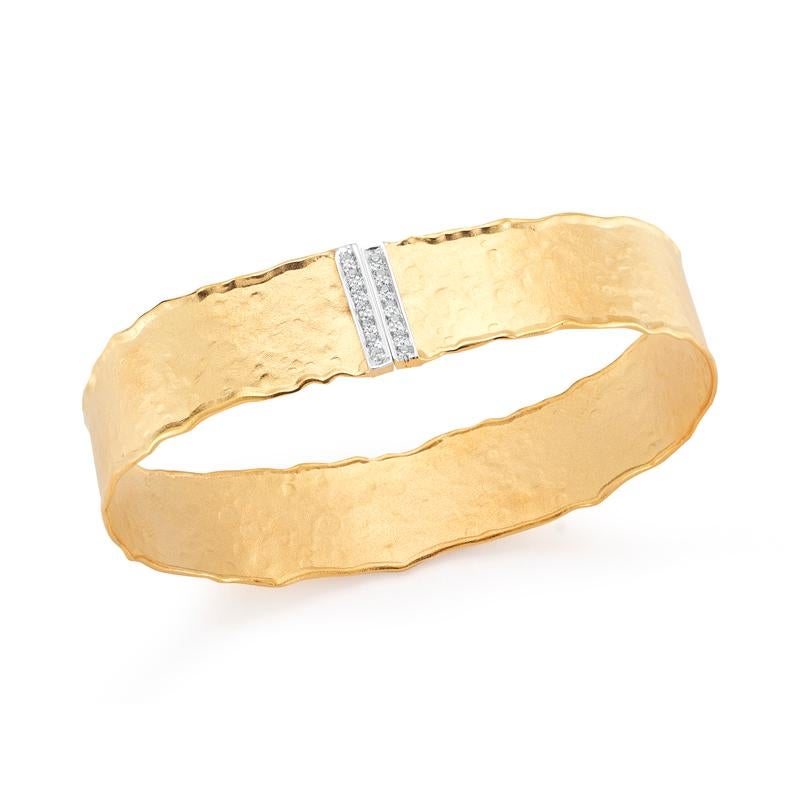 14 Karat Yellow Gold Hand-Crafted Matte and Hammer-Finished Scallop-Edged Narrow Open Cuff Bracelet, Accented with 0.17 Carats of Pave Set Diamonds.
