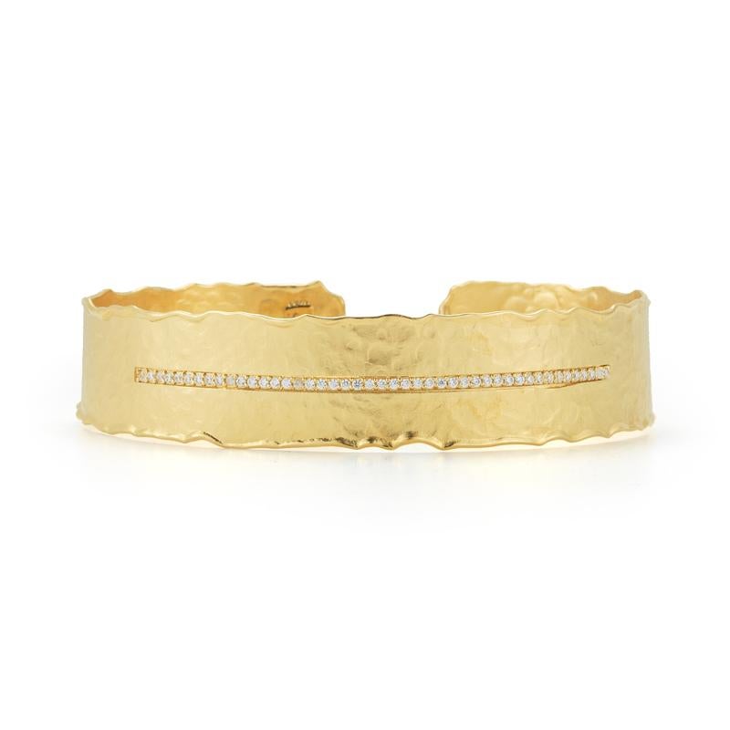 14 Karat Yellow Gold Hand-Crafted Matte and Hammer-Finished Scallop-Edged Open Cuff Bracelet, Centered with 0.27 Carats of Pave Set Diamonds.
