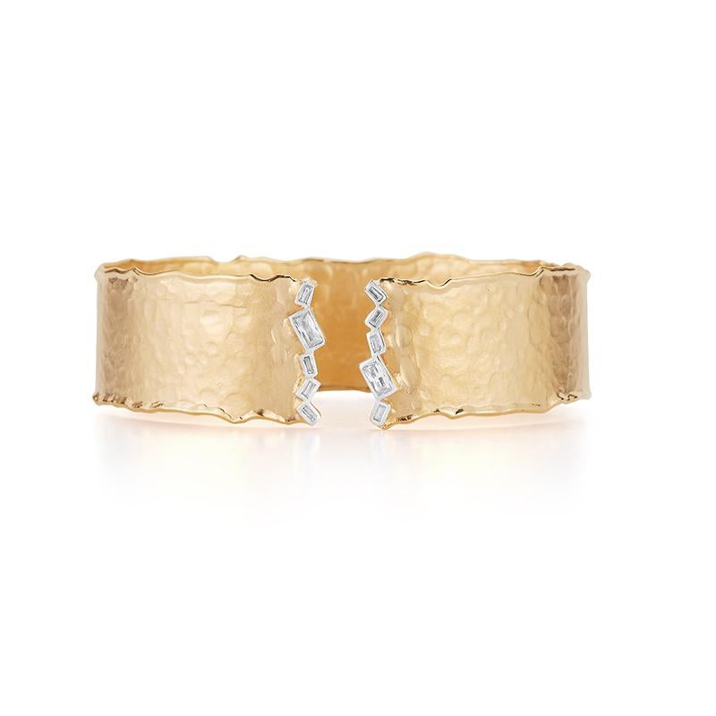 14 Karat Yellow Gold Hand-Crafted Matte and Hammer-Finished Scallop-Edged Open Cuff Bracelet, Set with 0.42 Carats of Baguette Diamonds.
