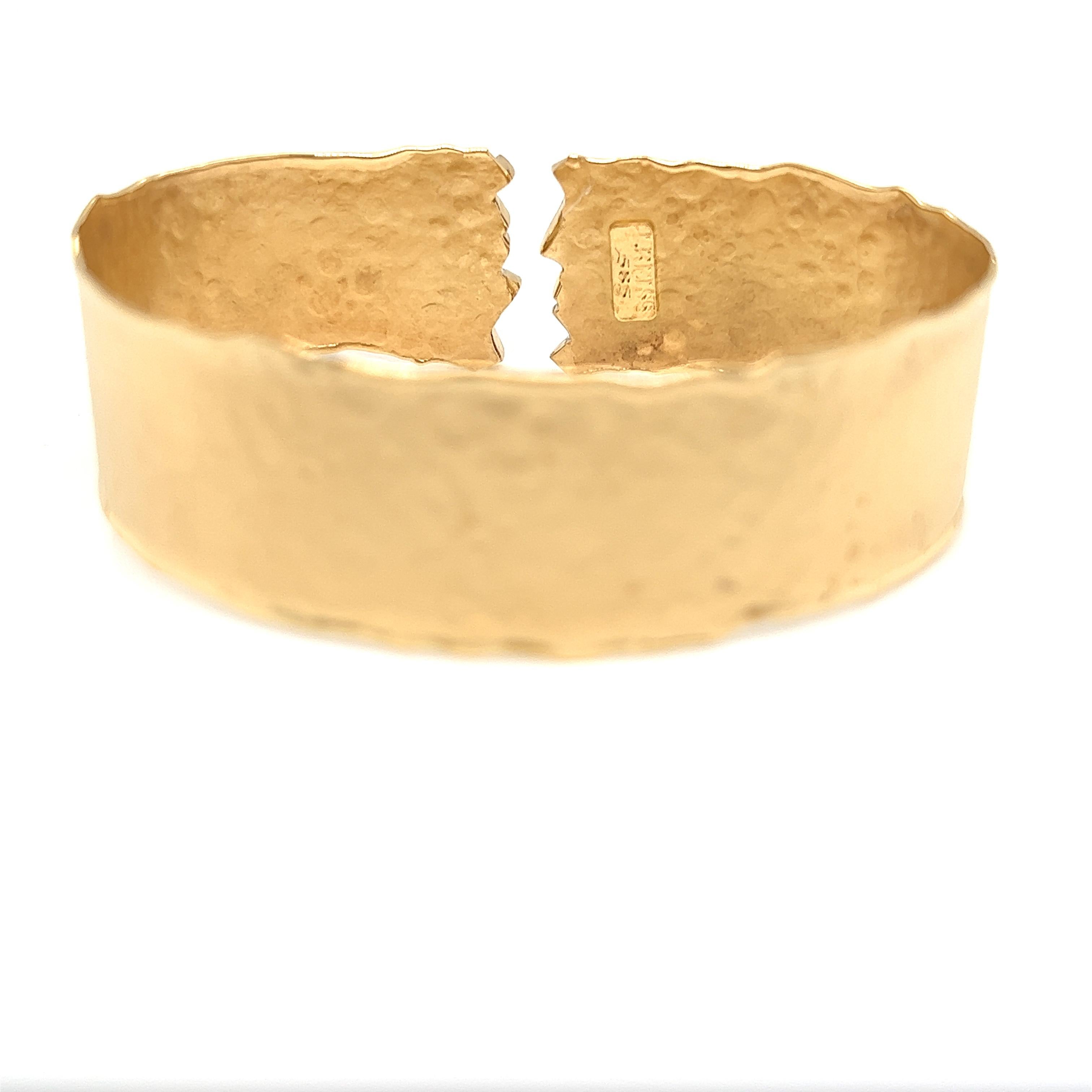 Baguette Cut Hand-Crafted 14K Yellow Gold Open Cuff Bracelet For Sale