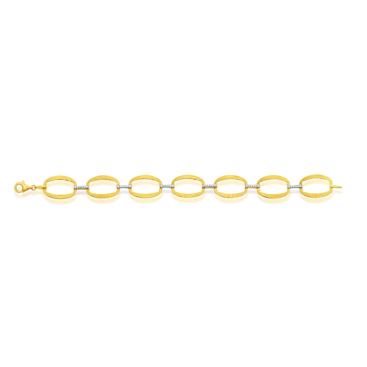 14 Karat Yellow Gold Matte and Hammer-Finished Oval-Shaped Open Link Bracelet, Accented with 0.22 Carats of Pave Set Diamonds.
