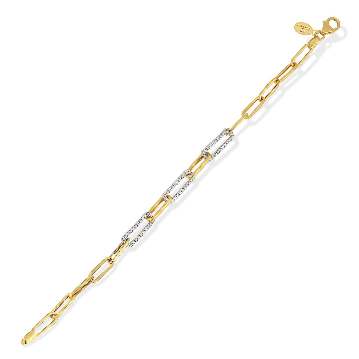 14 Karat Yellow Gold Hand-Crafted Polish-Finished Open Link Bracelet, Accented with0.43 Carats of 3 Open Link Diamond Rectangles Set with a Lobster Claw Clasp.
