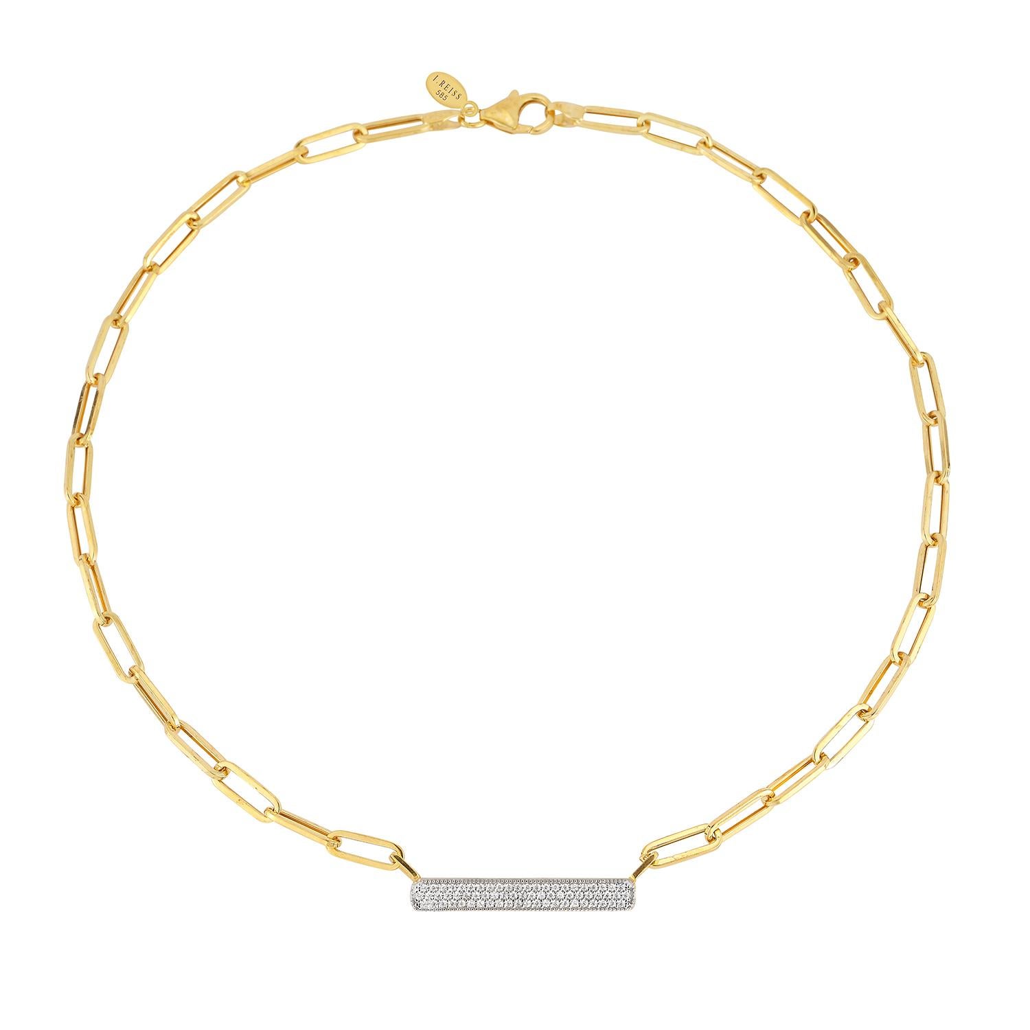 14 Karat Yellow Gold Hand-Crafted Polish-Finished Open Link Necklace, Enhanced  with 0.40 Carats of a Pave Set  Diamond ID Bar Set with a Lobster-Claw Clasp.
