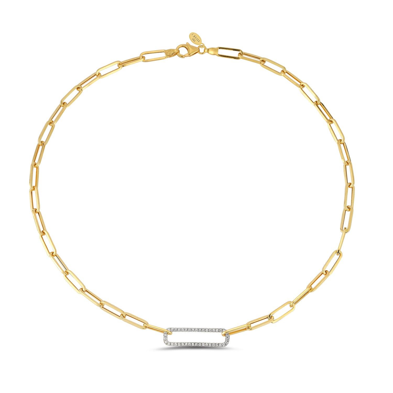 14 Karat Yellow Gold Hand-Crafted Polish-Finished Open Link Necklace, Set with 0.25 Carat Diamonds of an Open Rectangle Motif.
