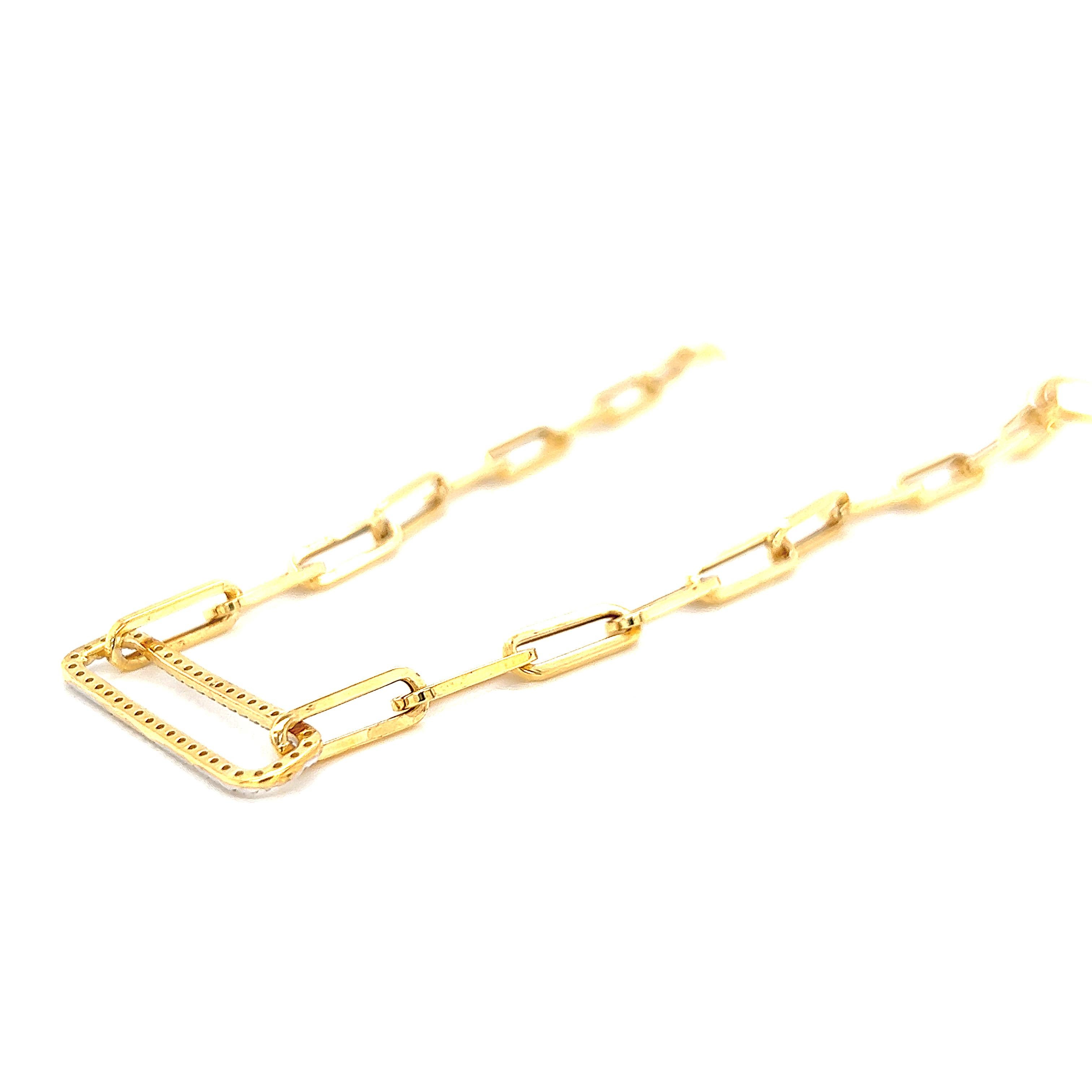 Round Cut Hand-Crafted 14K Yellow Gold Open Link Diamond Rectangle Necklace For Sale